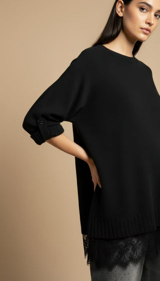 Maglia - Maglia girocollo spacchi bordo pizzo - Nero - VEVI