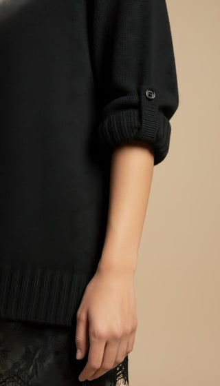 Maglia - Maglia girocollo spacchi bordo pizzo - Nero - VEVI