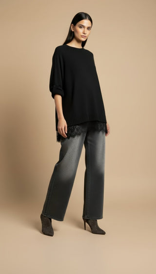 Maglia - Maglia girocollo spacchi bordo pizzo - Nero - VEVI