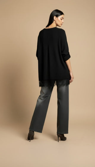 Maglia - Maglia girocollo spacchi bordo pizzo - Nero - VEVI