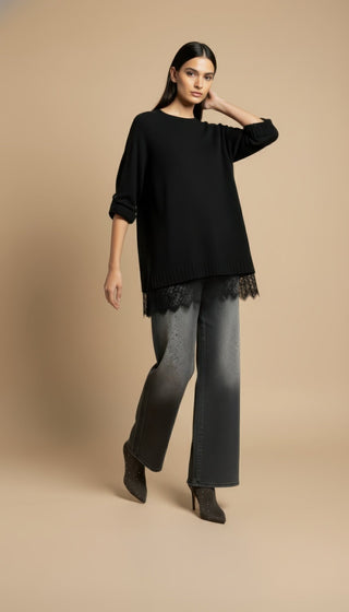 Maglia - Maglia girocollo spacchi bordo pizzo - Nero - VEVI