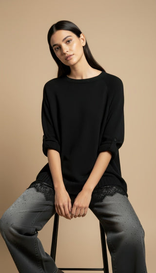 Maglia - Maglia girocollo spacchi bordo pizzo - Nero - VEVI