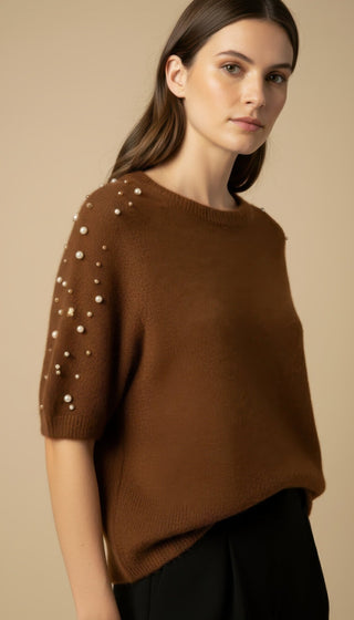 Maglia - Maglia m/m strass e borchie - Marrone - VEVI