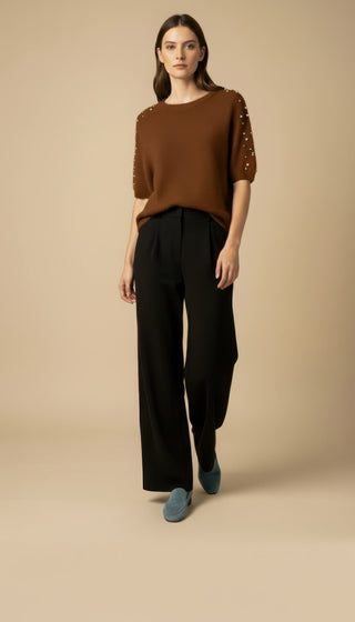 Maglia - Maglia m/m strass e borchie - Marrone - VEVI