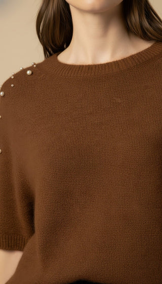 Maglia - Maglia m/m strass e borchie - Marrone - VEVI