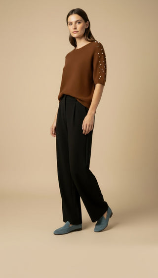 Maglia - Maglia m/m strass e borchie - Marrone - VEVI