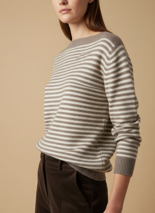 Maglia - Maglia riga 100% lana scollo barca - Marrone - VEVI