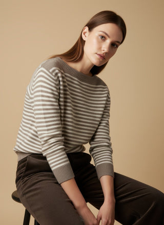 Maglia - Maglia riga 100% lana scollo barca - Marrone - VEVI