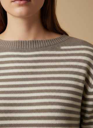 Maglia - Maglia riga 100% lana scollo barca - Marrone - VEVI