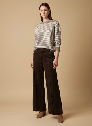 Maglia - Maglia riga 100% lana scollo barca - Marrone - VEVI