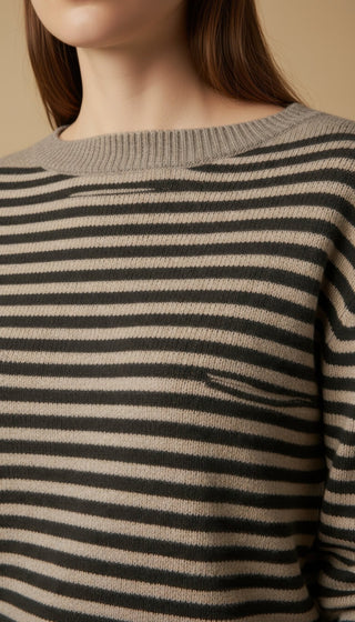 Maglia - Maglia riga 100% lana scollo barca - Marrone - VEVI