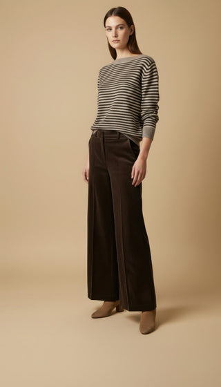 Maglia - Maglia riga 100% lana scollo barca - Marrone - VEVI