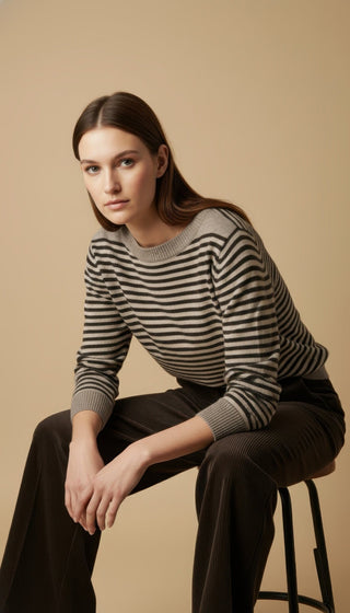 Maglia - Maglia riga 100% lana scollo barca - Marrone - VEVI