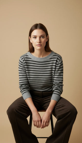 Maglia - Maglia riga 100% lana scollo barca - Nero - VEVI