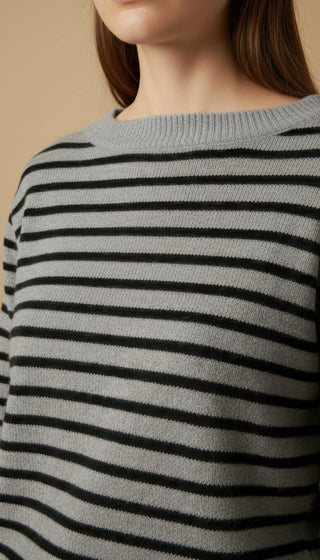 Maglia - Maglia riga 100% lana scollo barca - Nero - VEVI