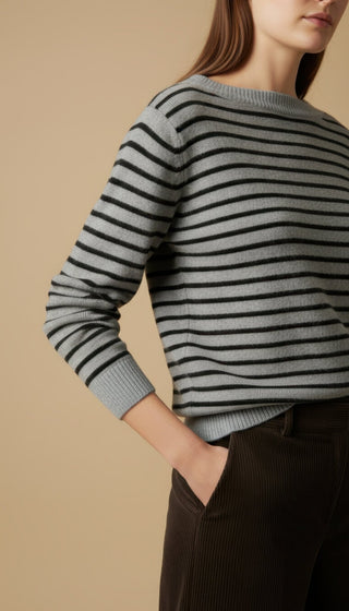 Maglia - Maglia riga 100% lana scollo barca - Nero - VEVI