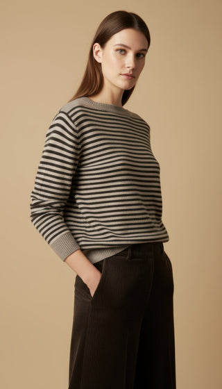 Maglia - Maglia riga 100% lana scollo barca - Tortora - VEVI