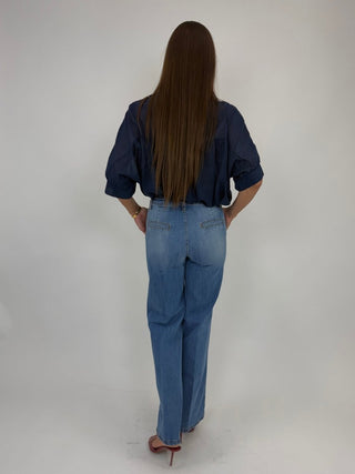 Pantalone - Pantalone denim palazzo tasca america DFE2483 - blu medio denim - VEVI