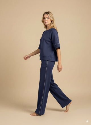 Pantalone - Pantalone palazzo neoprene piping - Blu - vevi.it