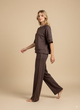 Pantalone - Pantalone palazzo neoprene piping - Marrone - vevi.it