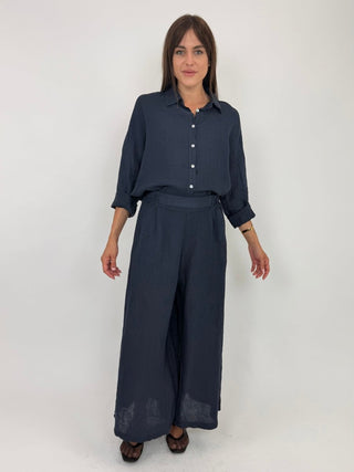 Pantalone - Pantaloni larghi puro lino GFE7207 - Blu - VEVI