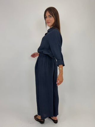 Pantalone - Pantaloni larghi puro lino GFE7207 - Blu - VEVI