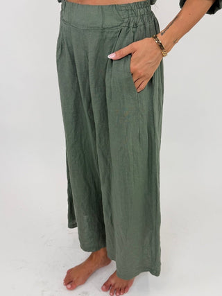 Pantalone - Pantaloni larghi puro lino GFE7207 - Verde militare - VEVI