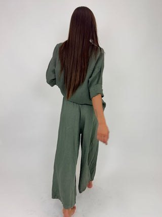 Pantalone - Pantaloni larghi puro lino GFE7207 - Verde militare - VEVI