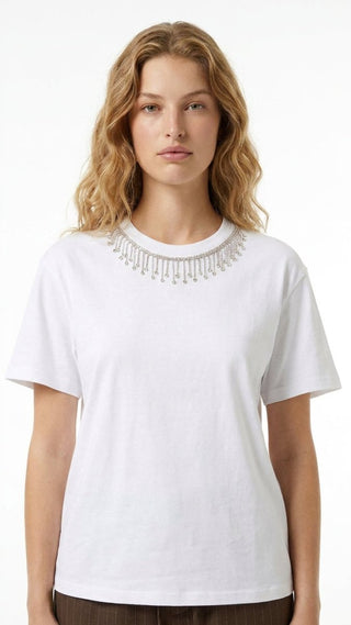 T-shirt - T-shirt collana strass apllicata LUE 16972 - Bianco - VEVI