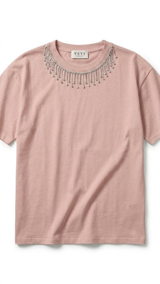 T-shirt - T-shirt collana strass apllicata LUE 16972 - Cipria - VEVI