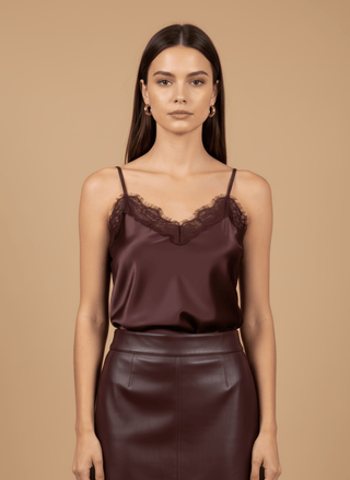 Top - Top simil pelle inserto pizzo - Bordeaux - vevi.it