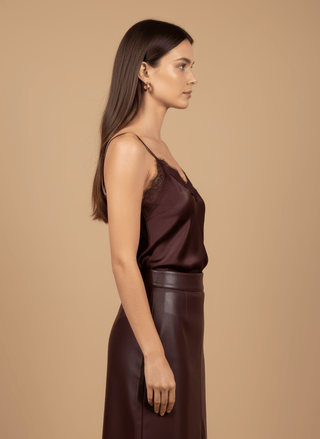 Top - Top simil pelle inserto pizzo - Bordeaux - vevi.it