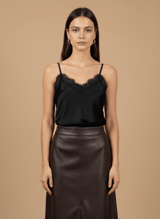 Top - Top simil pelle inserto pizzo - Nero - vevi.it