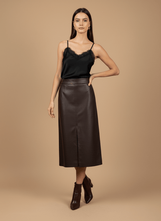 Top - Top simil pelle inserto pizzo - Nero - vevi.it